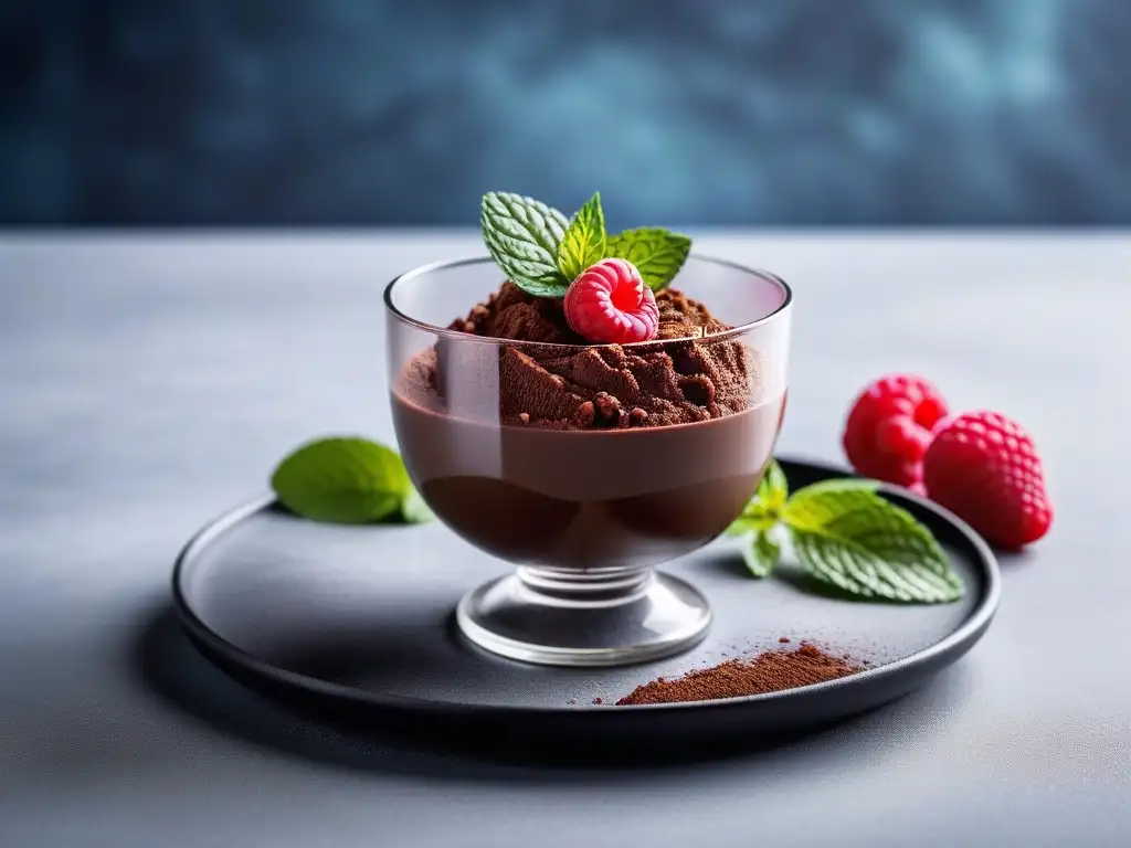 Un exquisito postre vegano sin horno: mousse de chocolate y aguacate con frambuesas, menta y cacao en copa elegante