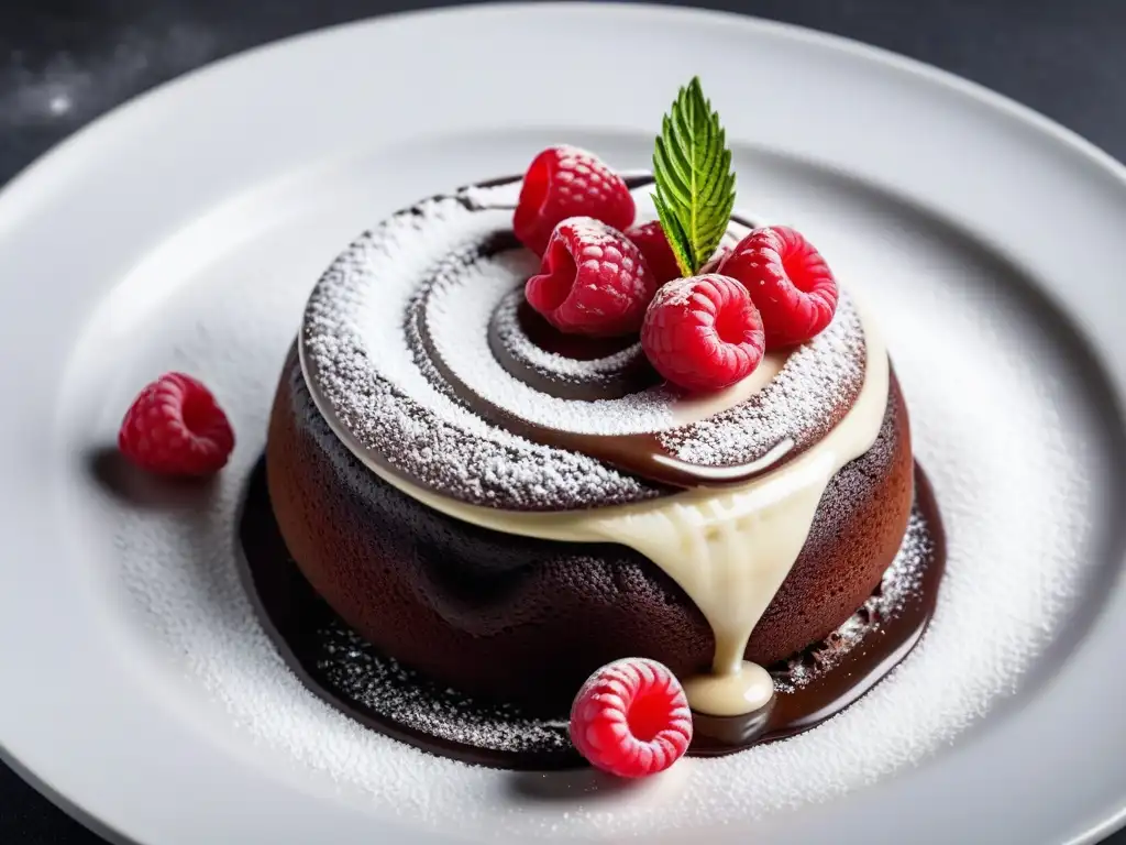 Un exquisito postre vegano: pastel de lava de chocolate con crema de coco, frambuesas frescas y hoja de menta