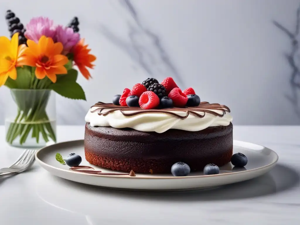 Un exquisito postre vegano con quinoa saludable, decorado con frutas y crema de coco, en un elegante plato blanco