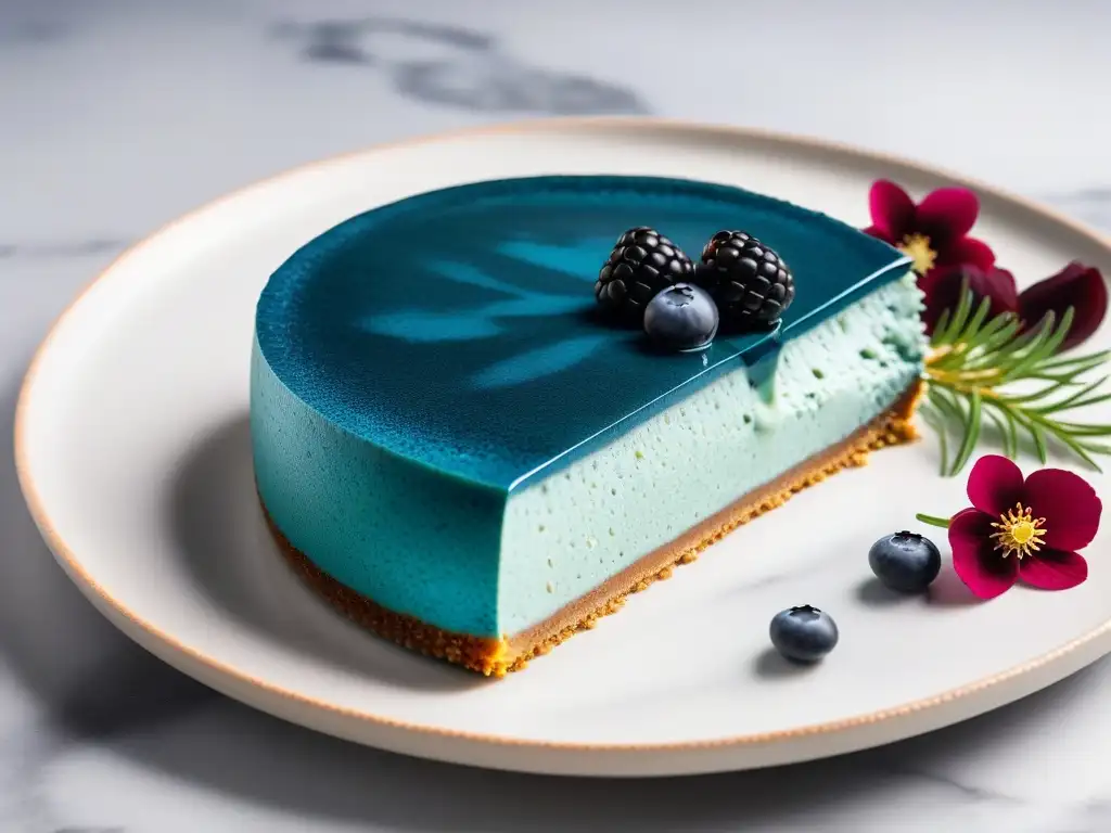 Un exquisito postre vegano con toque oceánico: cheesecake de espirulina azul, flores comestibles y arándanos liofilizados