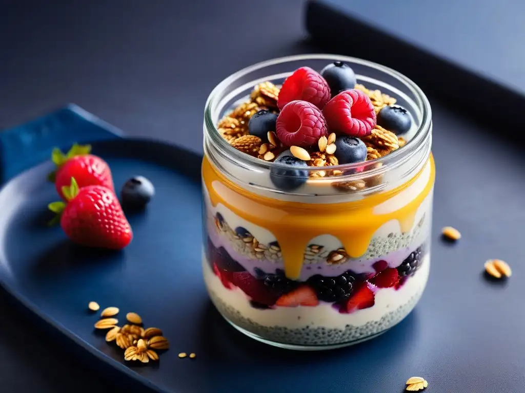 Un exquisito pudding vegano con chía, bayas y granola, servido en un frasco transparente