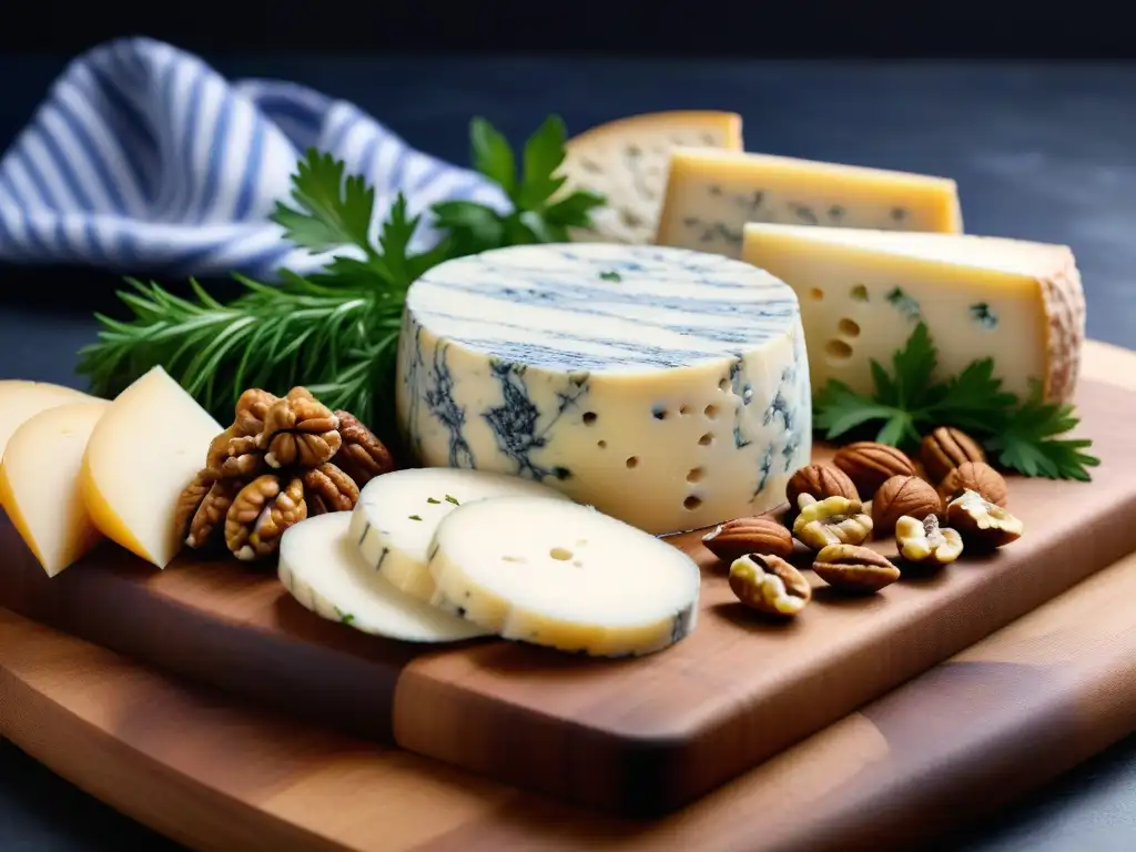 Exquisito queso Gorgonzola vegano con hierbas frescas y nueces en tabla de madera