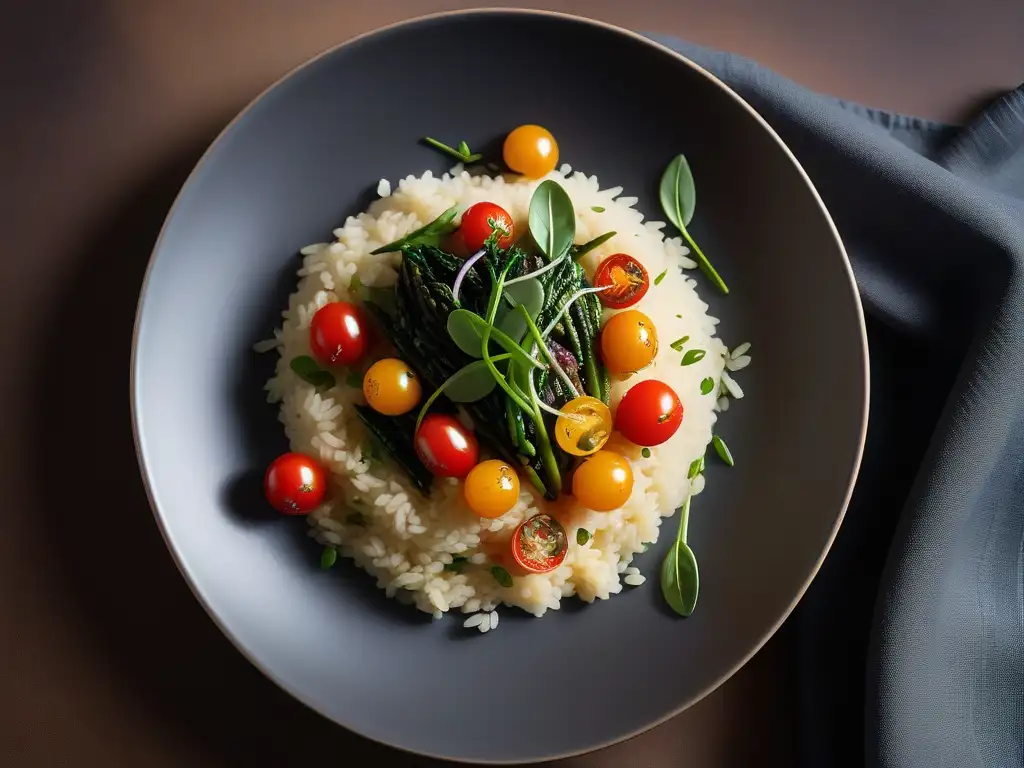 Un exquisito risotto vegano italiano con tomates cherry, espárragos y espinacas, decorado con microgreens y reducción balsámica