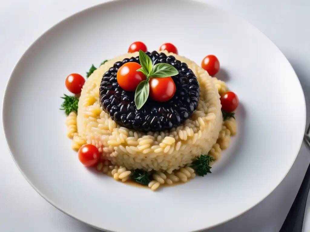 Un exquisito risotto vegano con sabores italianos en un plato blanco, decorado con hierbas frescas y tomates cherry