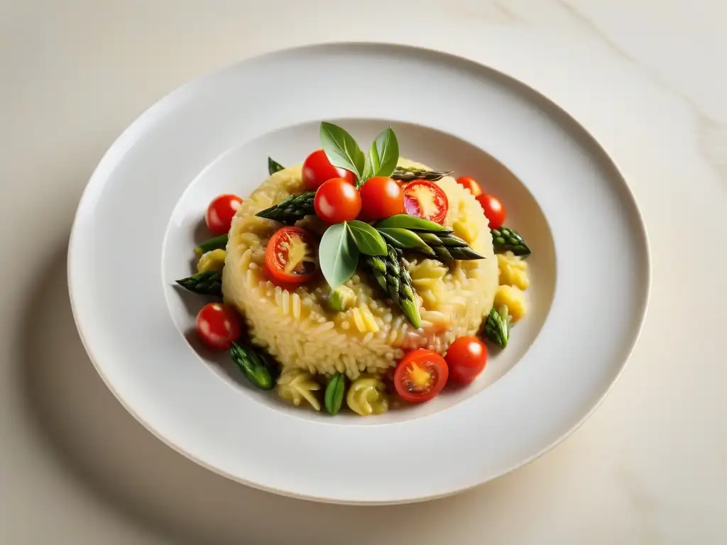 Un exquisito risotto vegano con sabores italianos, lleno de colores y texturas frescas