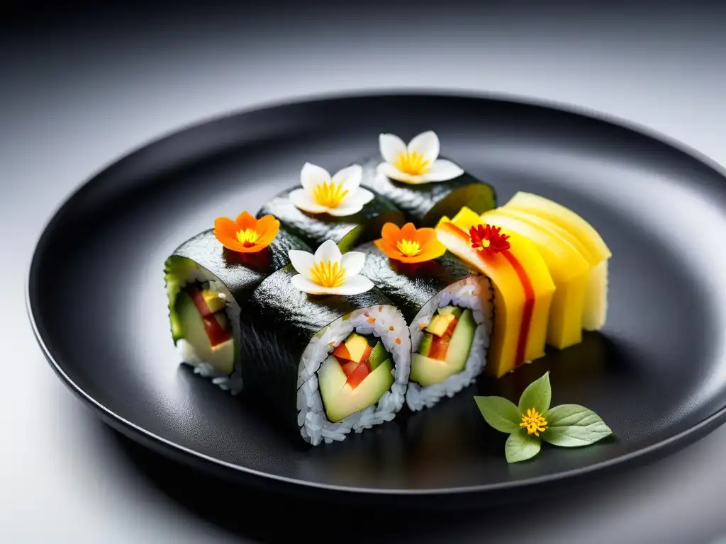 Exquisito roll de sushi vegano con aguacate, mango y pepino, decorado con flores comestibles y semillas de sésamo en plato negro sobre fondo blanco