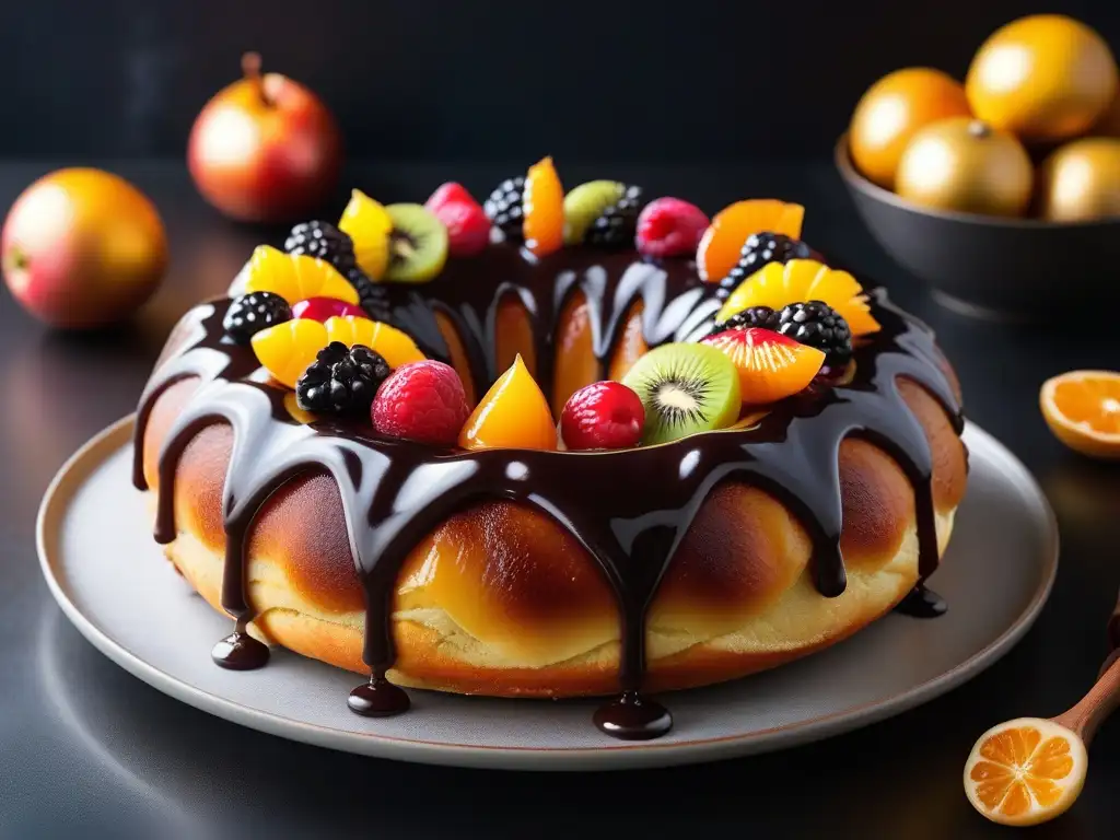 Exquisito Roscón de Reyes Vegano, decorado con frutas confitadas y chocolate brillante, ideal para recetas roscón reyes vegano deliciosas