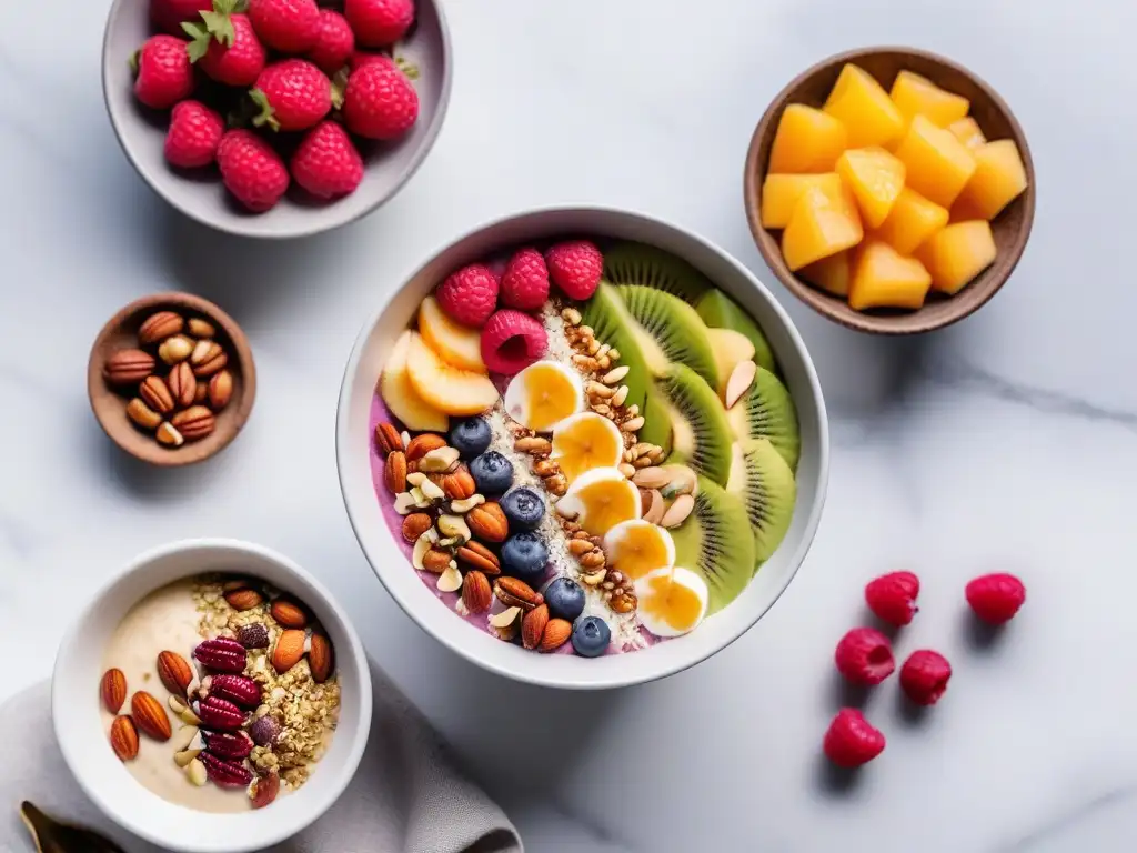 Un exquisito smoothie bowl vegano con frutas coloridas, frutos secos y semillas en un elegante fondo de mármol blanco