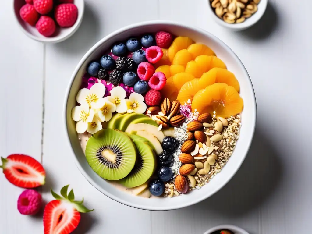 Un exquisito smoothie bowl vegano, lleno de coloridas frutas, nueces y semillas en un tazón blanco sobre una mesa de madera clara