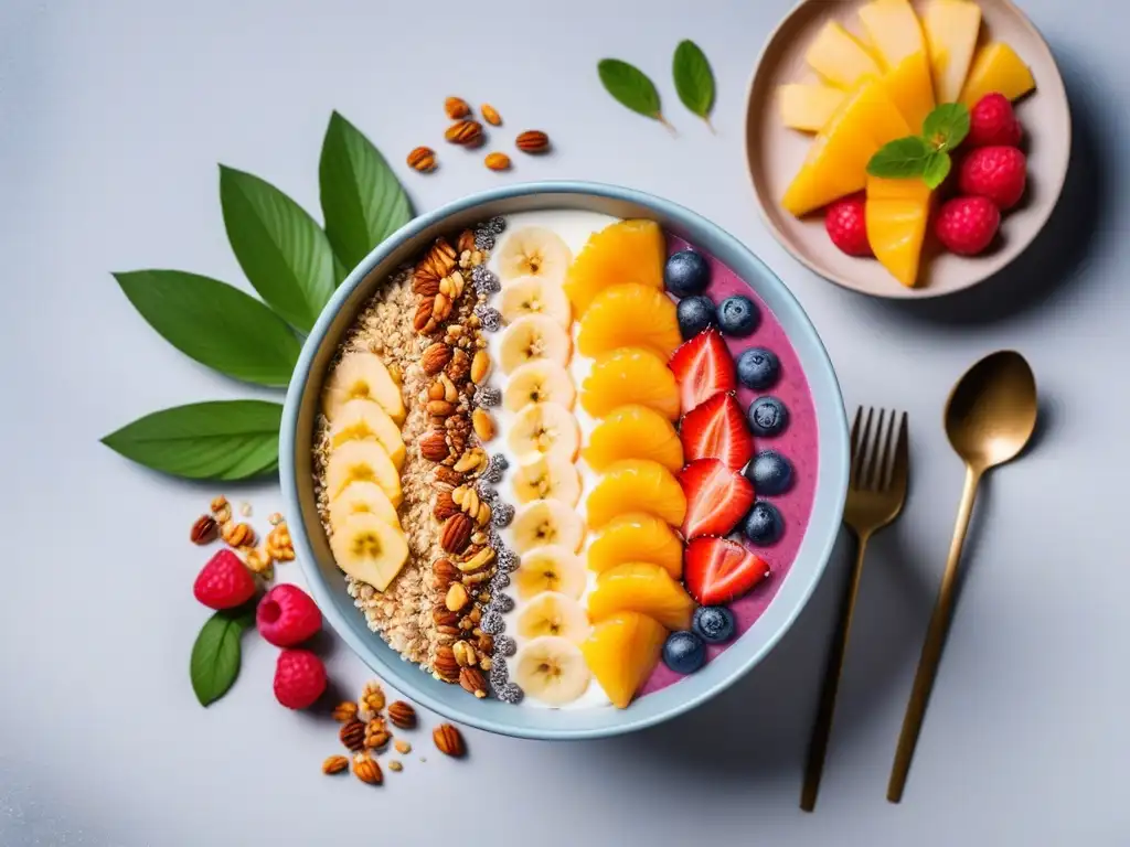 Un exquisito smoothie bowl vegano con frutas tropicales, granola y miel