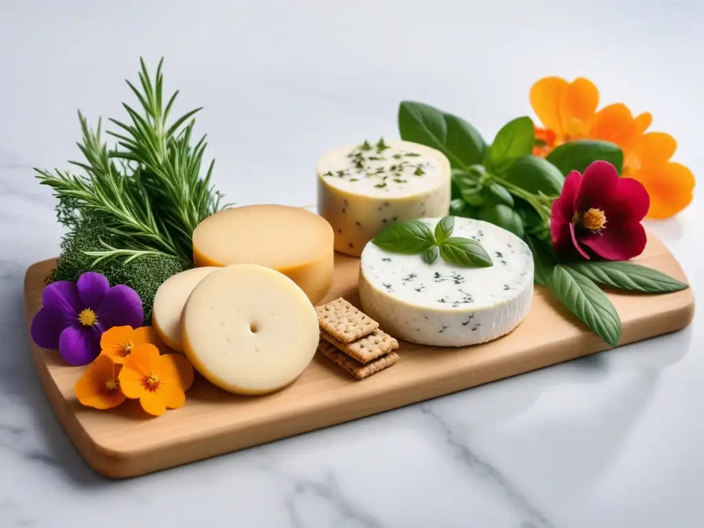 Un exquisito surtido de alternativas veganas al queso en tabla de mármol