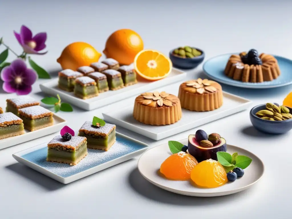 Un exquisito surtido de postres veganos mediterráneos, como baklava, tarta de naranja almendra, tarta de higos y nueces, y galletas de pistacho, decorados con frutas frescas y flores comestibles en una elegante bandeja blanca minimalista