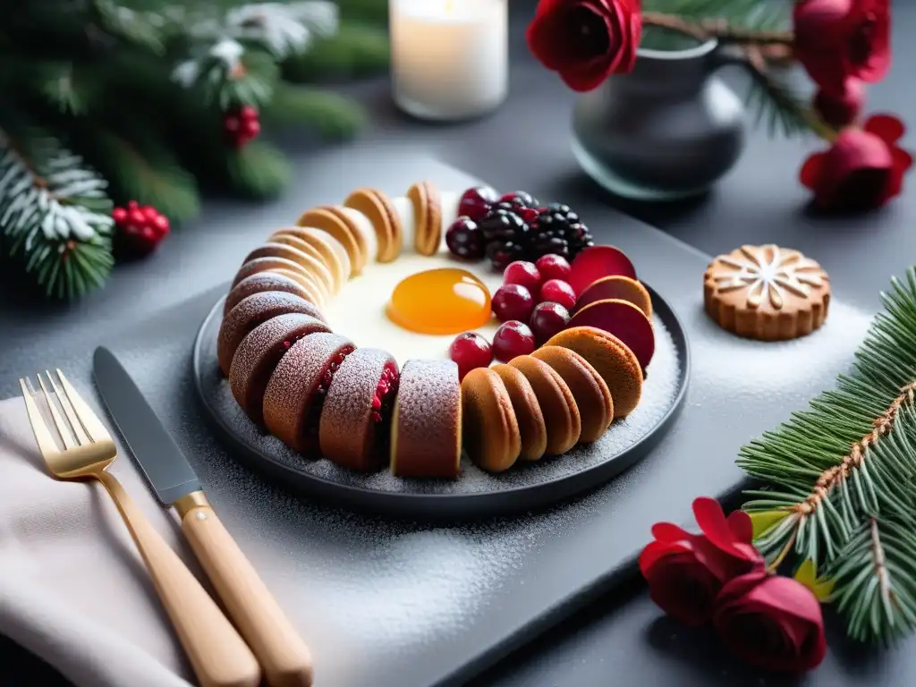 Un exquisito surtido de postres veganos nórdicos de invierno, delicadamente elaborados con detalles florales y azúcar glass