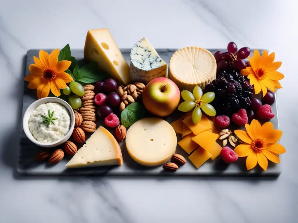 Un exquisito surtido de quesos veganos aromatizados en una tabla de mármol, decorados con hierbas frescas y flores comestibles