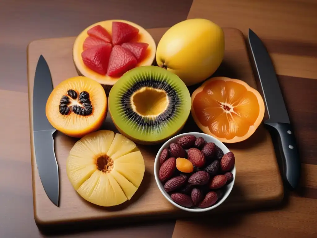 Un exquisito surtido de snacks saludables deshidratados veganos en una tabla de madera moderna, resaltando colores y texturas naturales