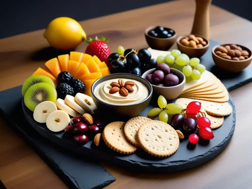 Un exquisito surtido de snacks veganos para fiestas, presentados con elegancia en una tabla de pizarra