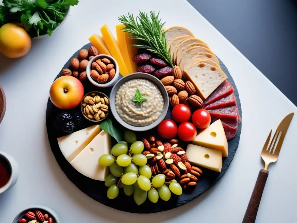 Un exquisito surtido vegano para antojos: tabla de embutidos y quesos, nueces, frutas y dips, vibrante y detallada