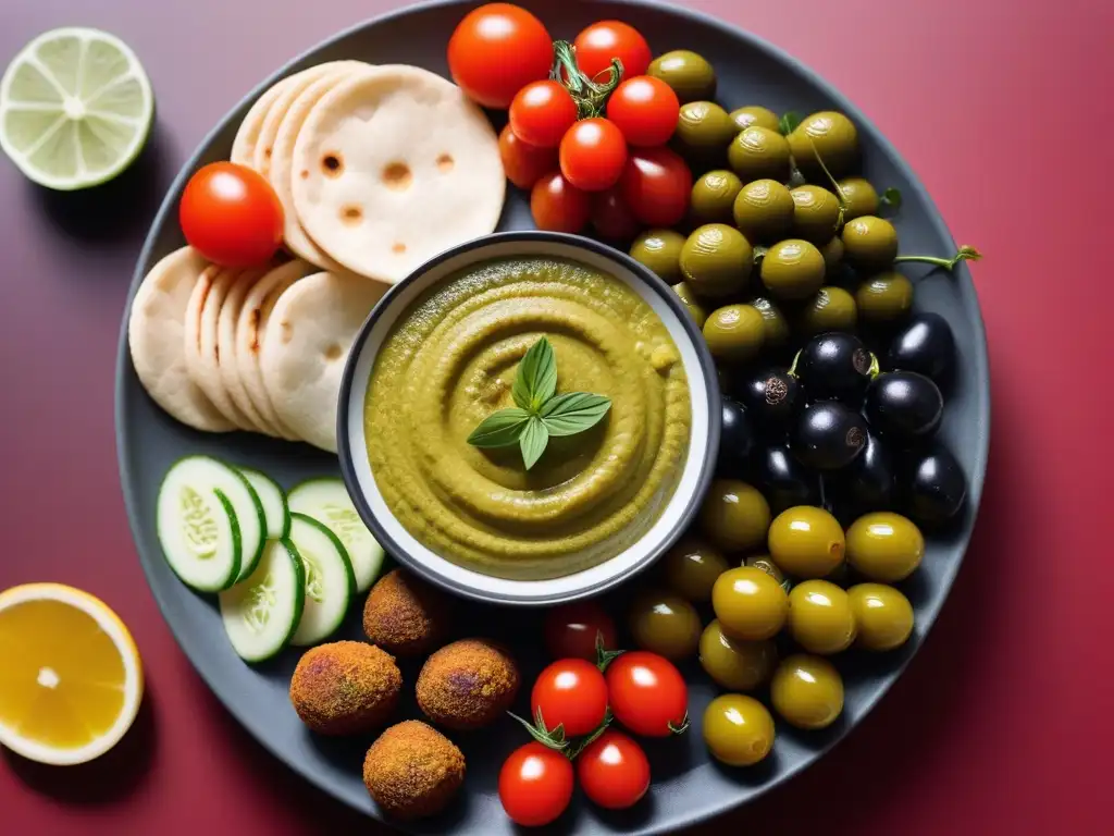 Un exquisito surtido vegano mediterráneo, con hummus, falafel, hojas de parra, pan pita, aceitunas y tomates