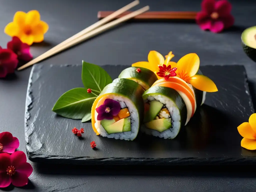 Exquisito sushi vegano con aguacate, mango y pepino, decorado con flores comestibles en una elegante tabla negra