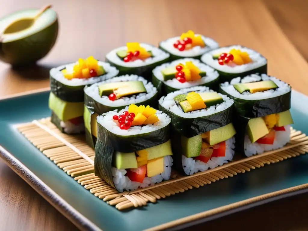 Exquisito sushi vegano con aguacate, mango y pimientos, envuelto en alga nori y arroz, decorado con sésamo