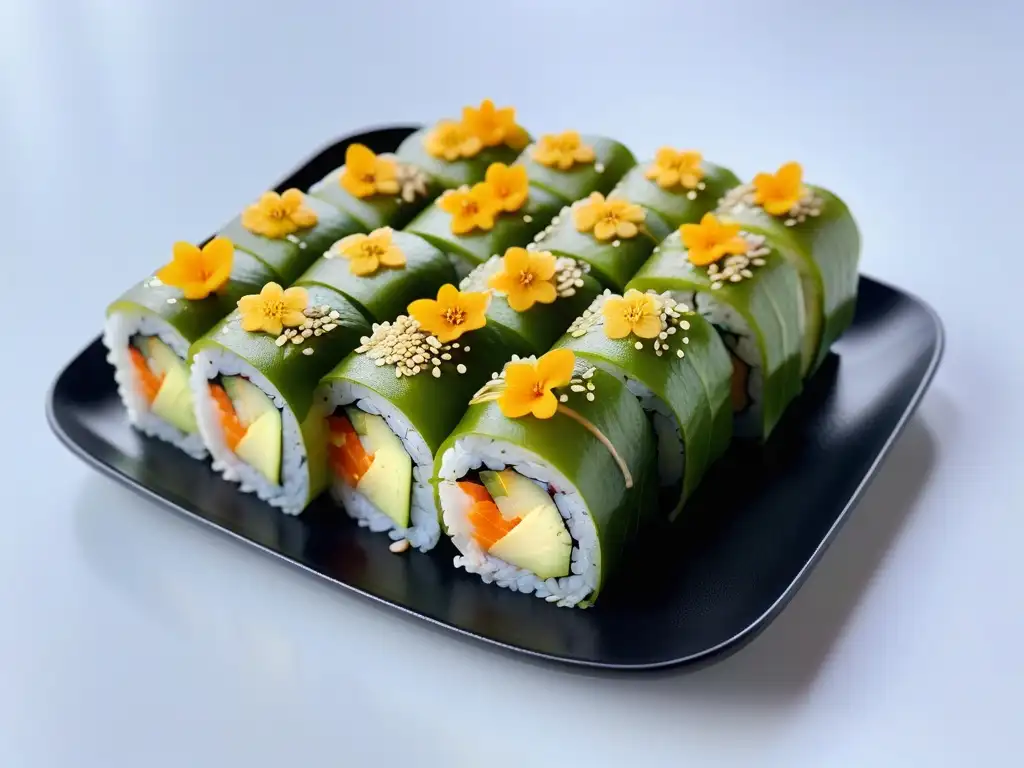 Exquisito sushi vegano colorido con aguacate, mango, pepino y mayonesa vegana, en plato negro