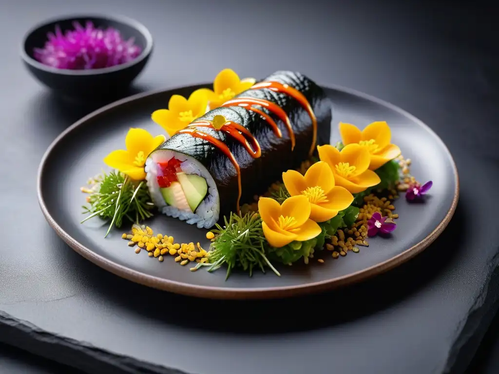 Un exquisito sushi vegano fusionando culturas en una presentación visualmente impresionante
