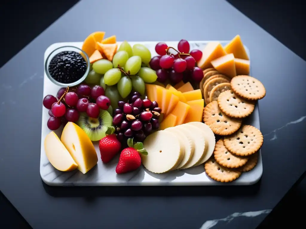 Un exquisito tablero de embutidos con frutas, quesos veganos y frutos secos, presentados con elegancia en una tabla de mármol