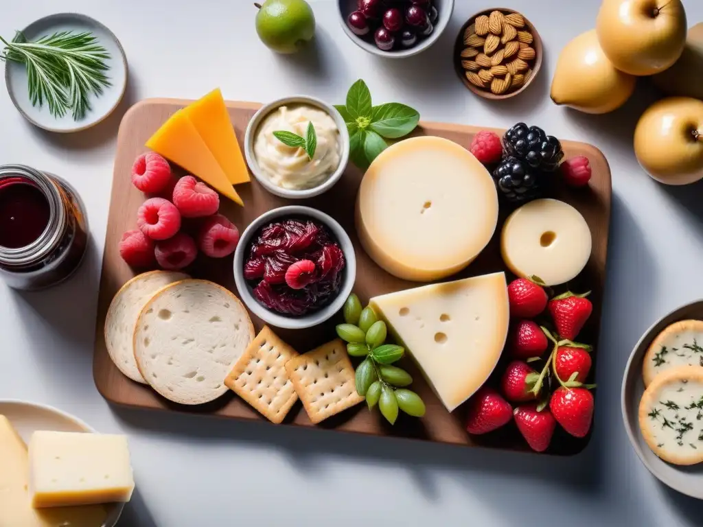 Un exquisito tablero de embutidos veganos con Queso Havarti Vegano cremoso, frutas coloridas y crackers artesanales, todo elegantemente presentado