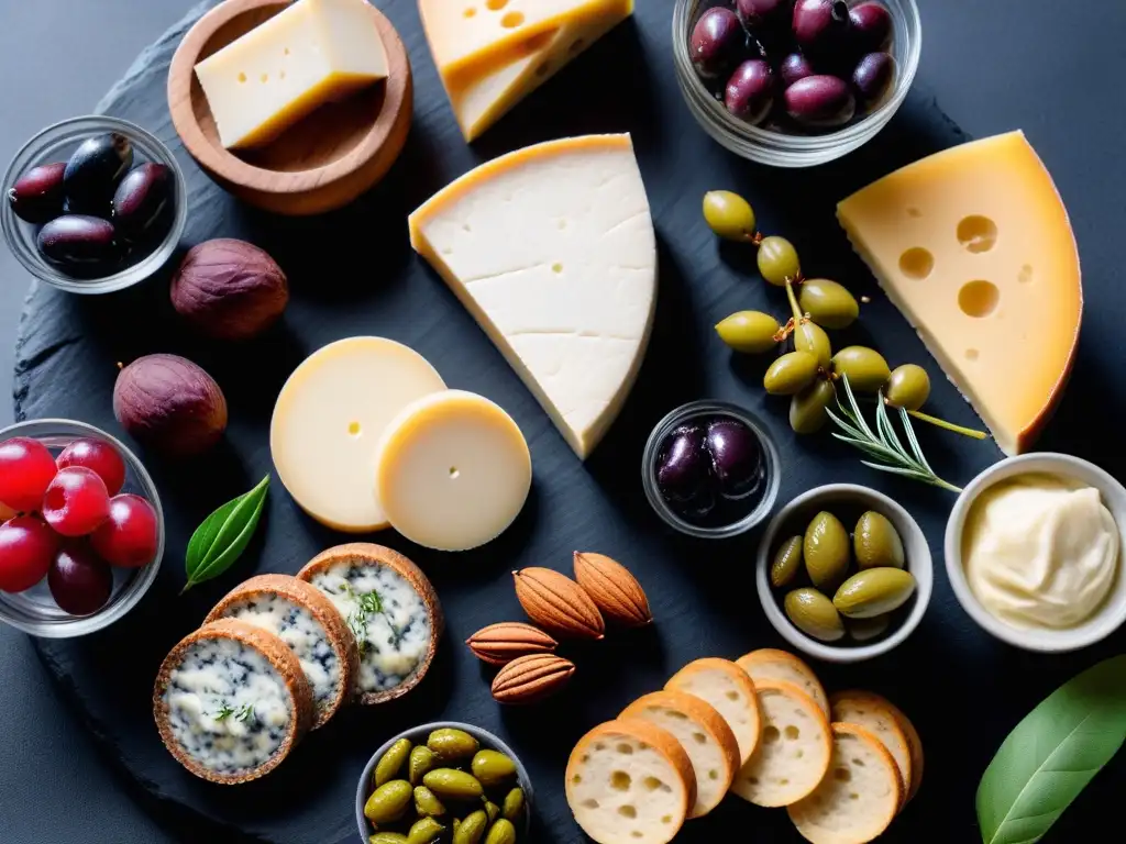 Un exquisito tablero de quesos veganos fermentados sin lácteos, frutas frescas y pan crujiente en una presentación elegante