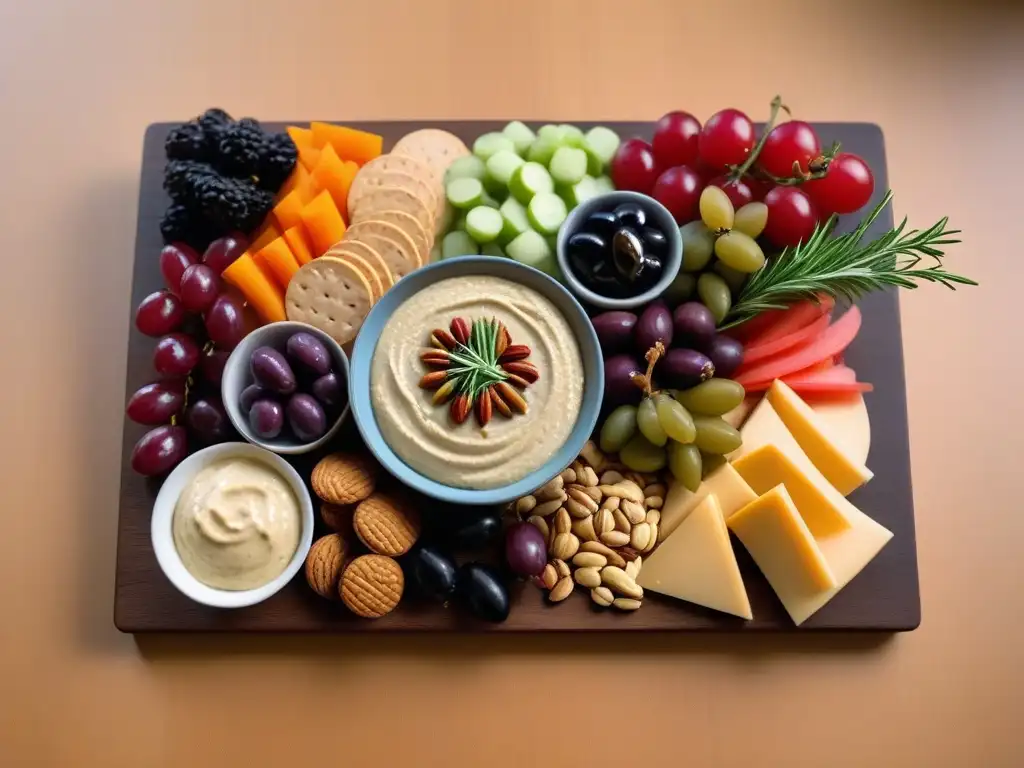 Un exquisito tablero de snacks veganos para fiestas, lleno de color y variedad, presentado con elegancia en una mesa de madera moderna y iluminación suave