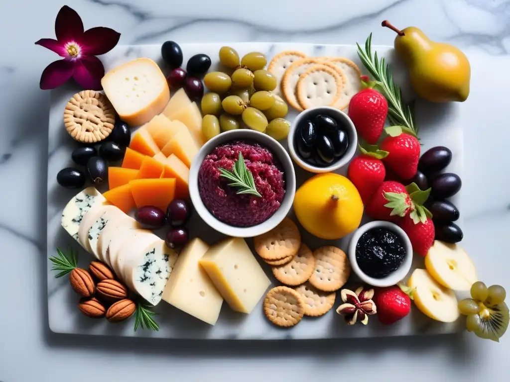 Un exquisito tablero vegano con quesos, frutas, frutos secos y crackers en mármol