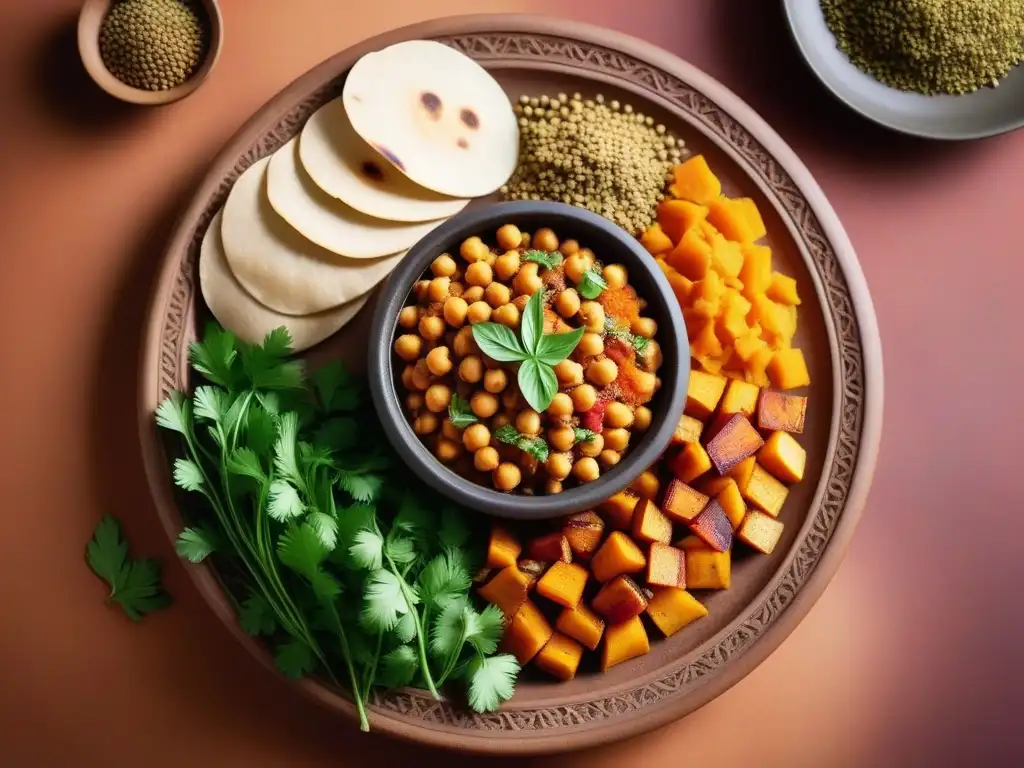 Un exquisito tagine vegano en plato de arcilla sahariano con sabores tradicionales y modernos