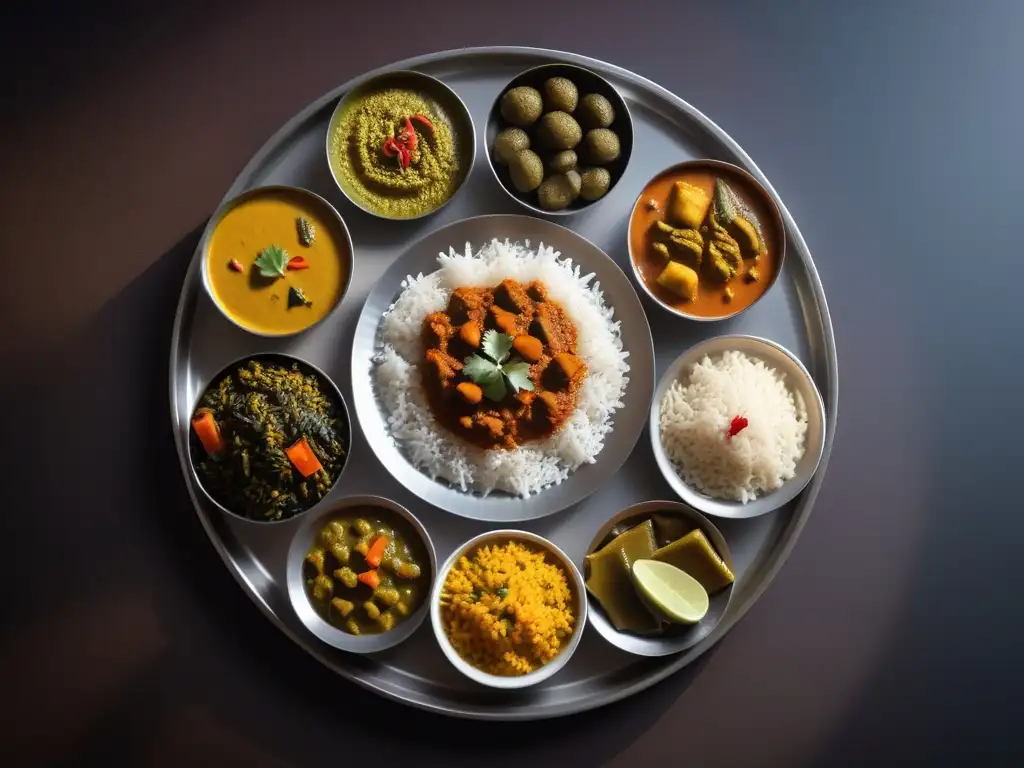 Exquisito thali vegano indio con diversidad culinaria y colores vibrantes