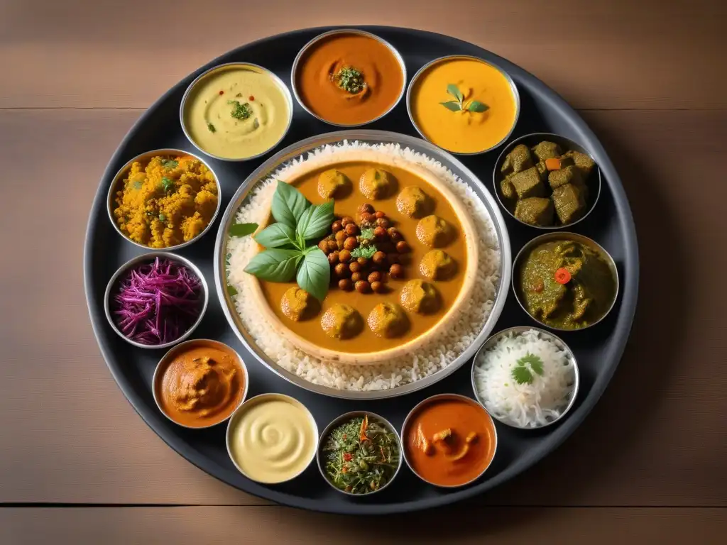 Un exquisito thali vegano indio con una presentación vibrante y moderna, resaltando la cocina vegana india recetas