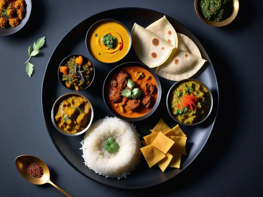 Exquisito thali vegano con recetas veganas tradicionales India en un plato negro elegante