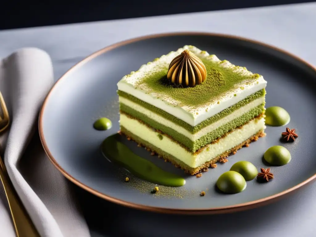 Un exquisito tiramisú vegano de té matcha, con capas delicadas y presentación elegante en un plato minimalista