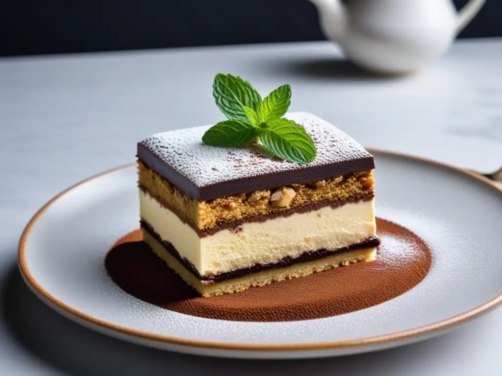 Un exquisito tiramisú vegano sin lácteos, con capas de bizcocho empapado en espresso, mascarpone de anacardos y cacao