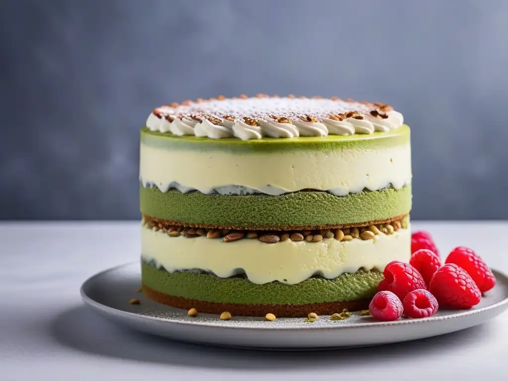 Un exquisito tiramisú vegano de matcha con detalles y colores vibrantes