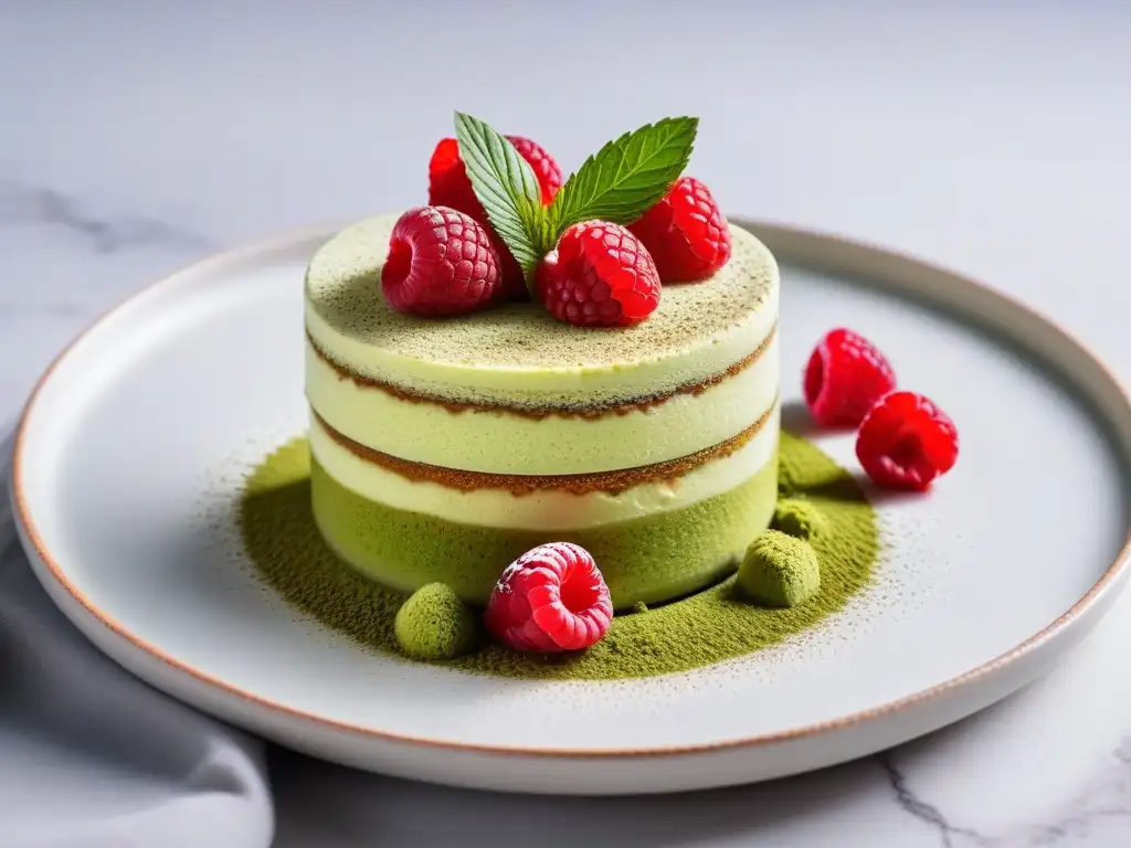 Un exquisito tiramisú vegano de matcha con capas esponjosas de bizcocho verde, crema suave y polvo de matcha premium