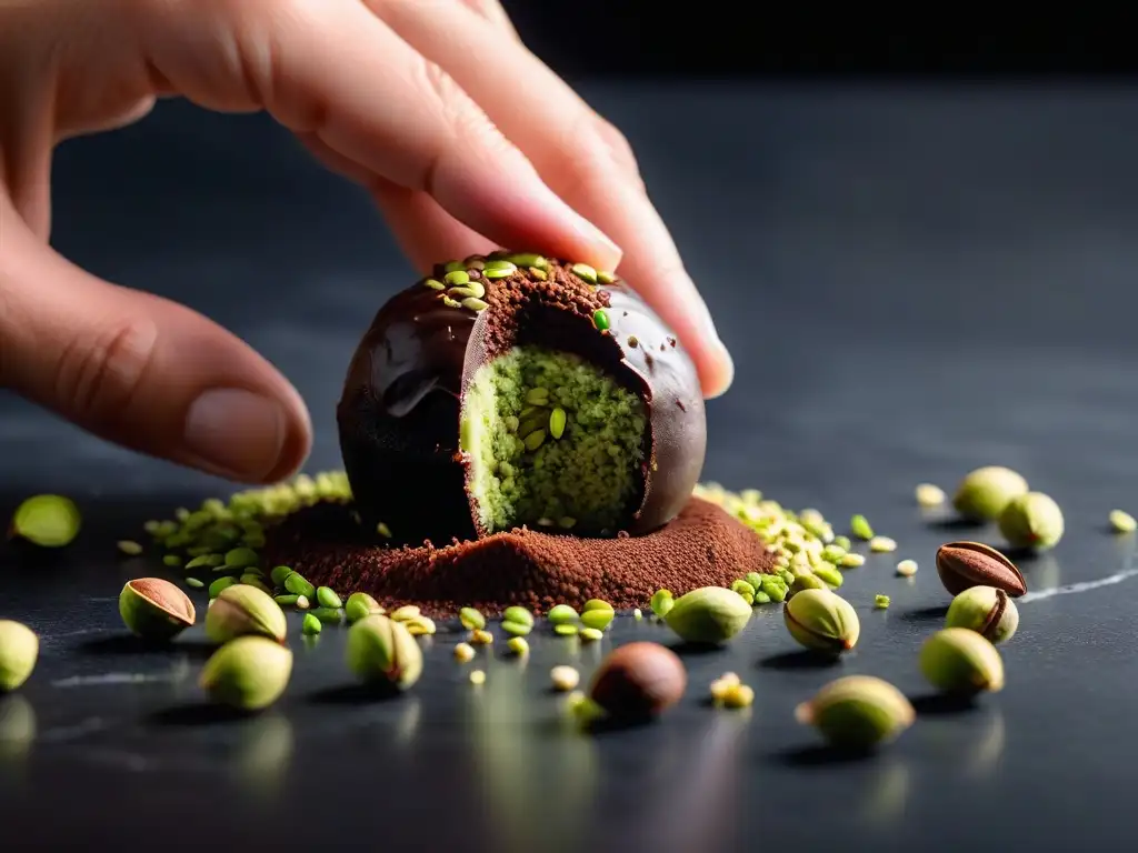 Un exquisito trufa vegana de chocolate cubierta de pistachos triturados en una encimera de mármol, iluminada por luz natural