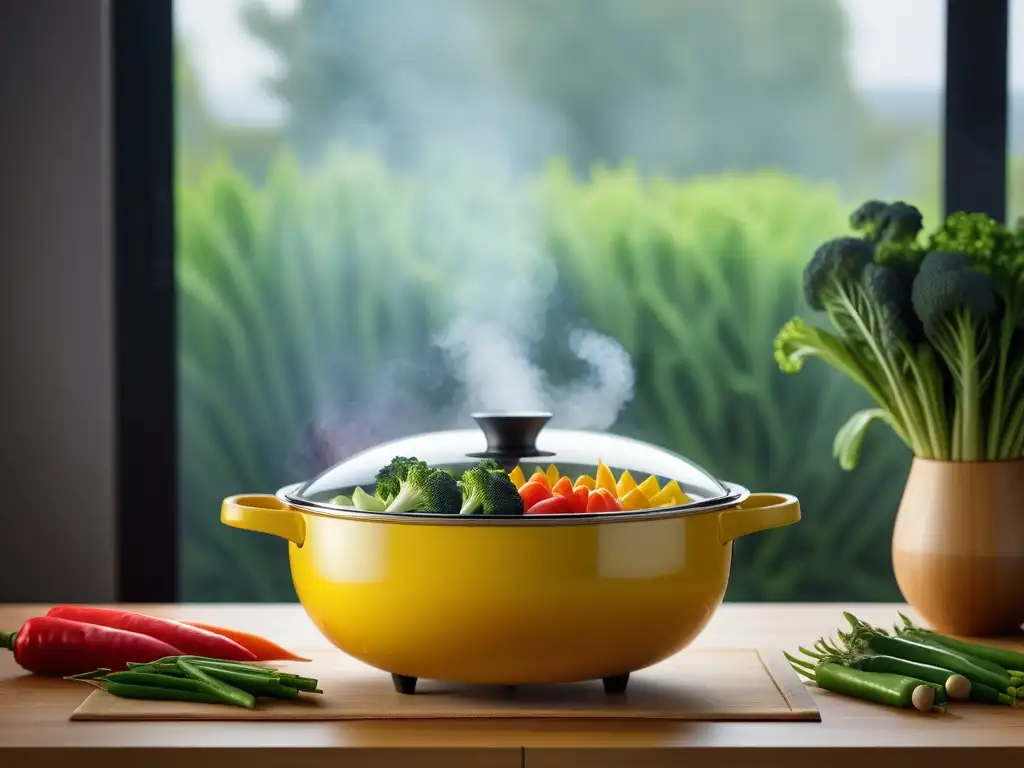 Un exquisito vapor de verduras multicolor en un moderno vaporizador de bambú, en una cocina minimalista con luz natural