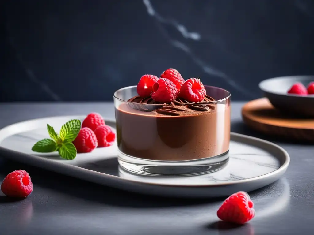 Exquisito mousse vegano de chocolate con frambuesas y menta en un elegante recipiente de vidrio sobre encimera de mármol