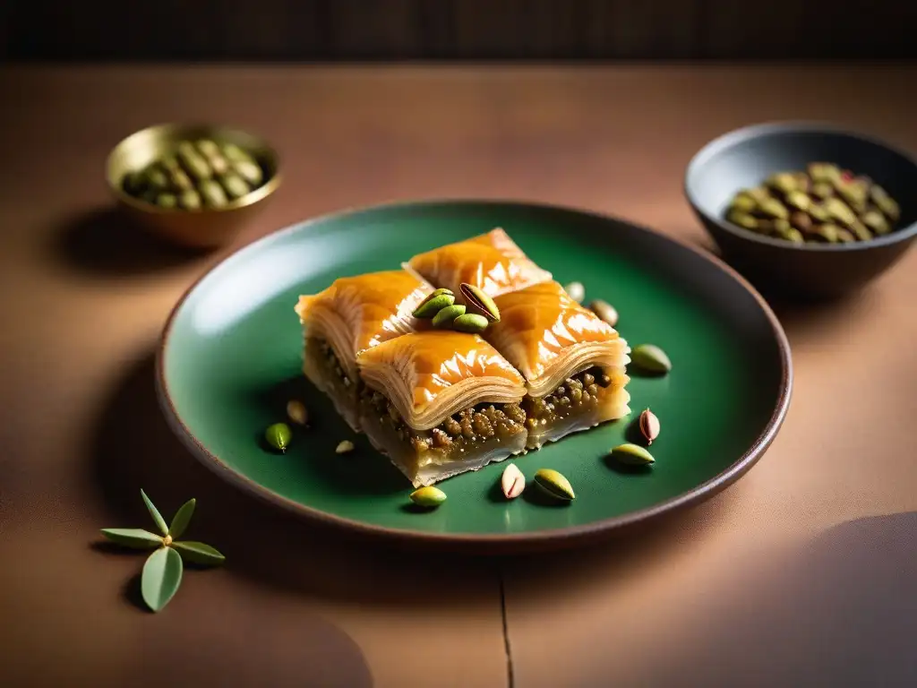 Un exquisito baklava vegano mediterráneo, con capas de hojaldre, pistachos y jarabe dorado, sobre azulejos y ramas de olivo