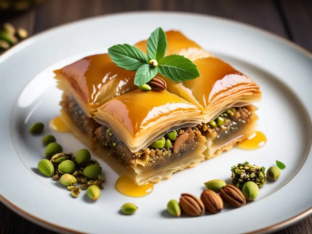 Un exquisito baklava vegano mediterráneo con frutos secos y miel alternativa, en una presentación elegante