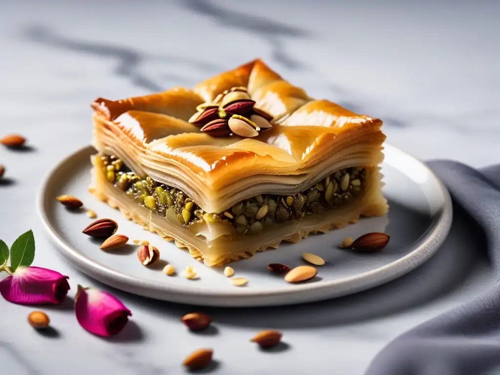 Un exquisito baklava vegano de almendra y pistacho con sirope dorado y pétalos de rosa, sobre mármol