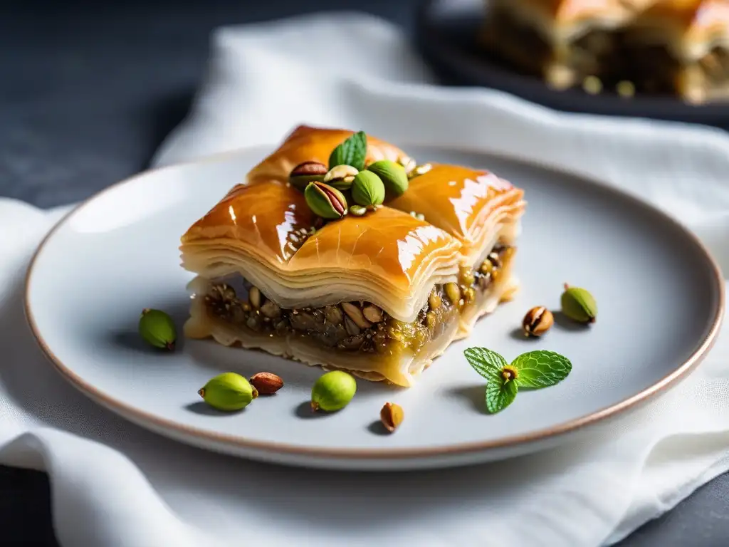 Un exquisito baklava vegano en un plato blanco contemporáneo, con miel y pistachos, ideal para Recetas postres veganos mediterráneos