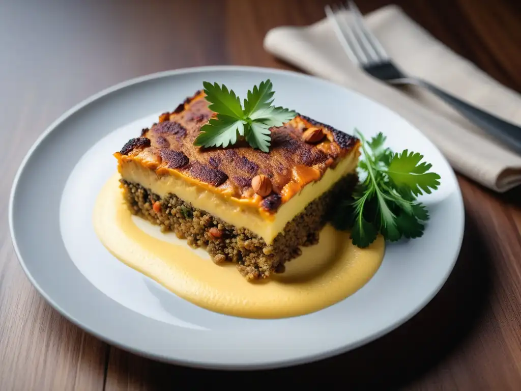 Un exquisito bobotie vegano sudafricano, con capas de carne vegetal y custard de cúrcuma, decorado con almendras y hojas de cilantro fresco