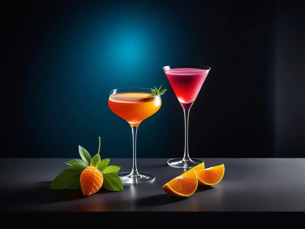 Exquisitos cocteles veganos innovadores, coloridos y creativos en un elegante bar moderno