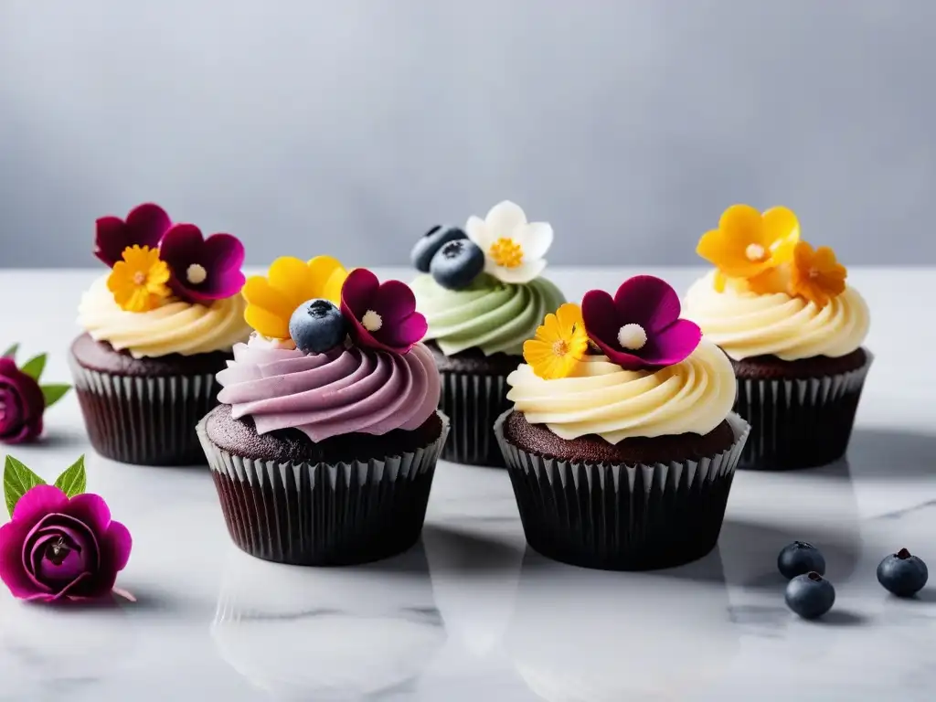 Exquisitos cupcakes veganos decorados con flores y frutas en una elegante encimera de mármol