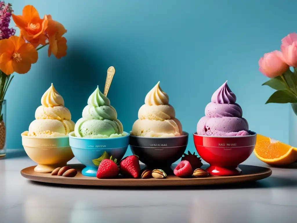 Exquisitos helados veganos artesanales de sabores, presentados con elegancia en cuencos de vidrio, decorados con frutas frescas y flores comestibles